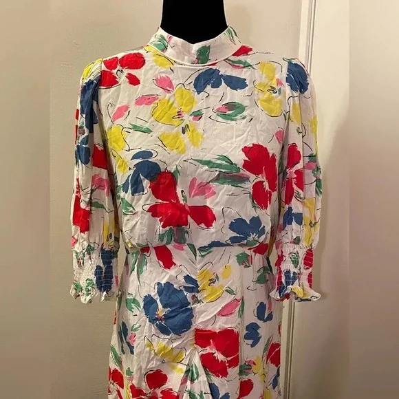 RIXO for TARGET Floral Mock Neck Cascade Ruffle‎ Dress in White